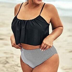 NEW Black White Tankini Bathing Suit Set Size 1X Stripe High Waisted Plus Size